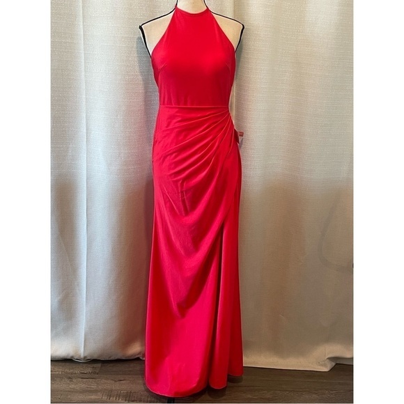 Ieena Mac Duggal Sleeveless Halter Pleated Open Back Gown Red Sz 2 NWT 26623 - Picture 2 of 13